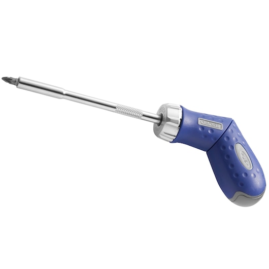 Facom E160802 blue and silver ratcheting screwdriver with ergonomic handle, side view on white background.