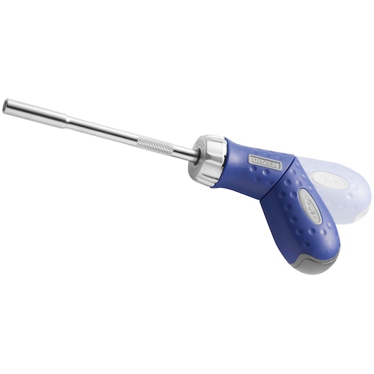 A blue and silver ratcheting screwdriver with a textured ergonomic handle and adjustable angle mechanism, shown with the handle in two positions.
