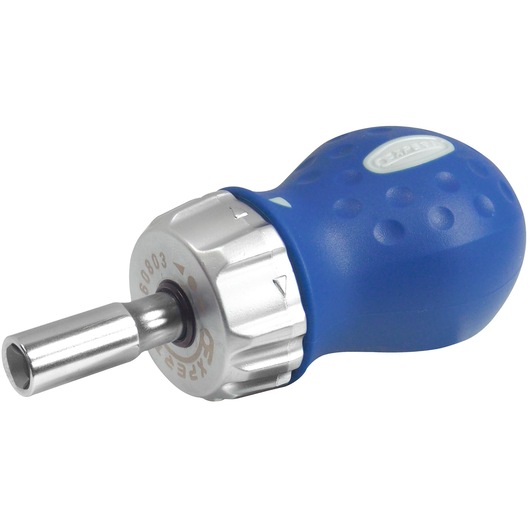 Facom E160803 blue stubby ratchet screwdriver with ergonomic handle, side angle on white background.