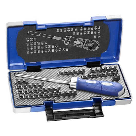 Facom E160804 screwdriver and bit set in blue case, showing multiple bits and ergonomic handle, top-down angle.