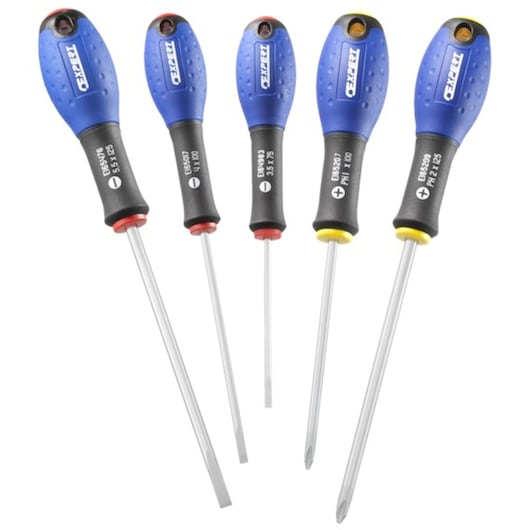 Facom E160901 screwdriver set with five screwdrivers, blue and black handles, photographed on white background.
