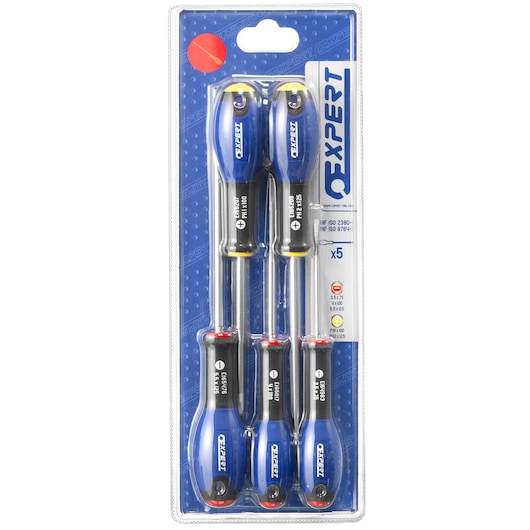 Facom E160901 screwdriver set photography, five blue and black screwdrivers in plastic packaging, front angle.