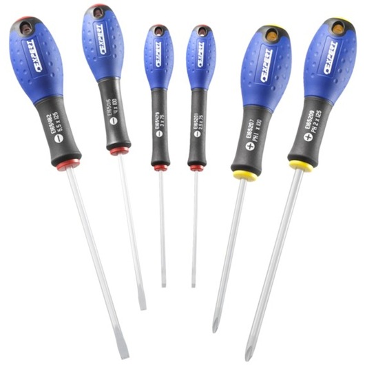 Facom E160902 screwdriver set, six pieces with blue and black ergonomic handles, flat and Phillips tips, front angle.