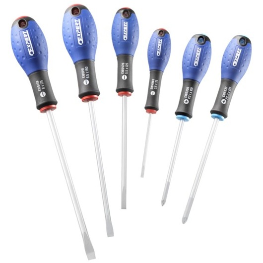 Facom E160903 screwdriver set with six screwdrivers, blue and black handles, assorted flat and Phillips tips, front angle.