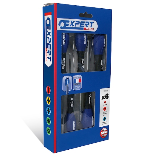 Facom E160903 screwdriver set x6, blue and black handles, front angle photo, Expert packaging.