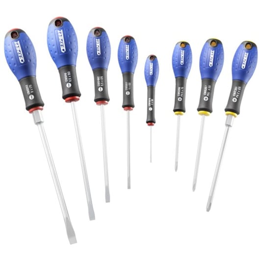 Facom E160904 set of eight screwdrivers with blue and black handles, assorted sizes, front angle, white background.