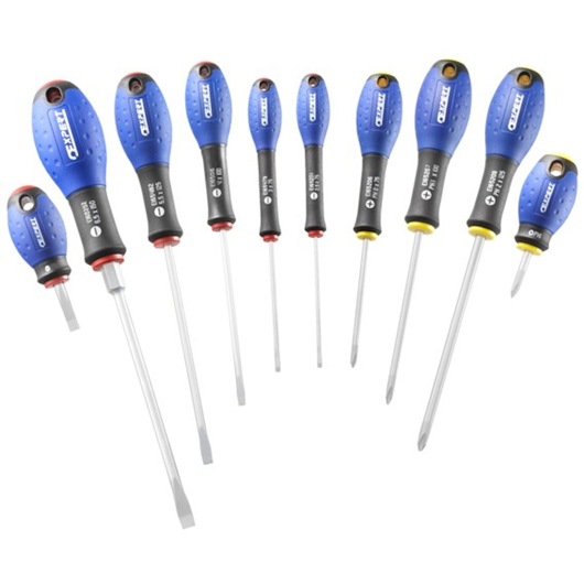 Facom E160905 screwdriver set, blue and black handles, assortment of sizes, front angle, white background.