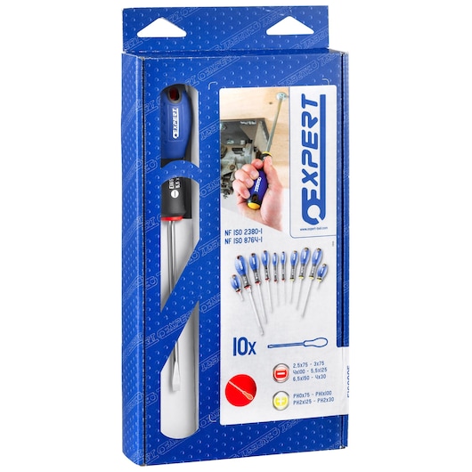 Facom E160905 screwdriver set, 10 pieces with blue and black handles, photographed in packaging, front angle.
