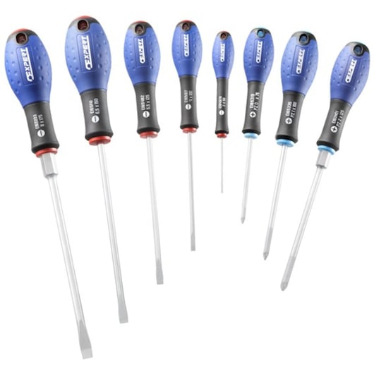 Facom E160906 set of eight screwdrivers with blue and black handles, flat and Phillips tips, white background, angled view.
