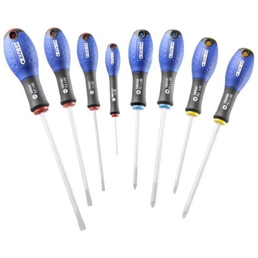 Facom E160907 screwdriver set, eight pieces with blue and black handles, assorted types, front angle on white.