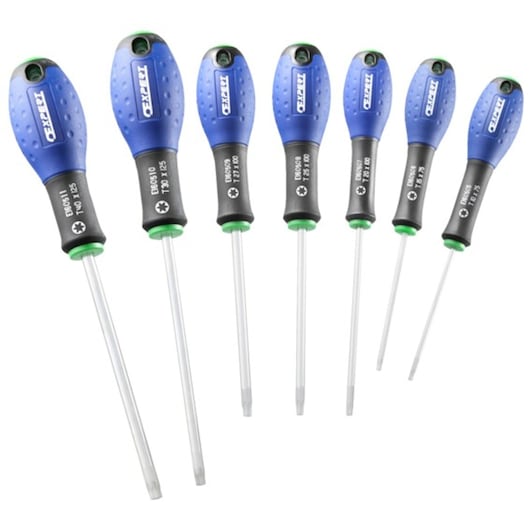 Facom E160908 set of six Torx screwdrivers with blue and black ergonomic handles, front angle on white background.
