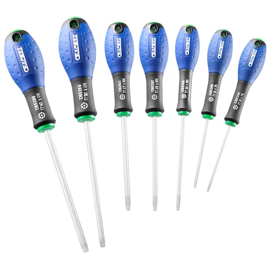 Facom E160909 photography of six blue and black Torx screwdrivers set, front angle on white background.