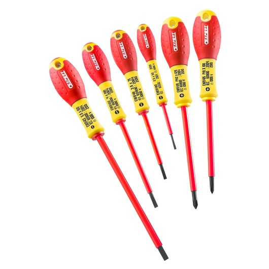 Facom E160910 insulated screwdriver set, six pieces with red and yellow handles, angled view on white background.
