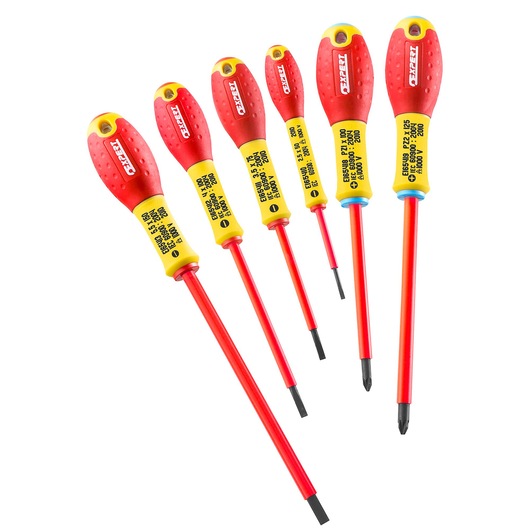 Facom E160911 insulated screwdriver set, six pieces, red and yellow handles, front angle, photography