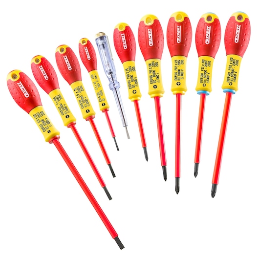 Facom E160912 insulated screwdriver set with red and yellow handles, angled view, SKU E160912.