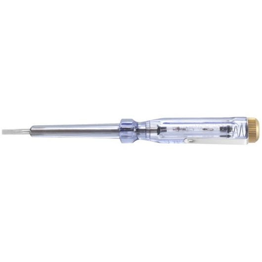 Facom E161101 voltage tester with transparent handle and metal tip, side view on white background.