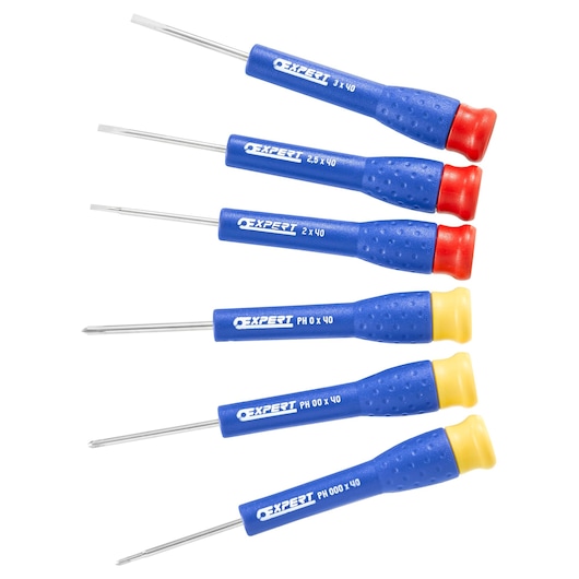 Facom E161102 precision screwdriver set, six pieces with blue textured handles, red and yellow ends, top view on white.