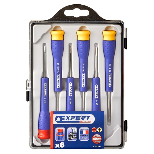 Facom E161102 set of 6 precision screwdrivers with blue and yellow handles in plastic case, top view.