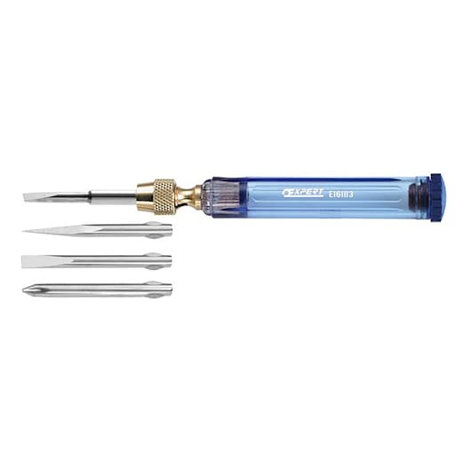 Facom E161113 multi-bit screwdriver with blue handle and four interchangeable metal bits, side view, white background.