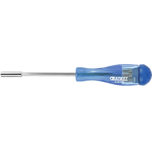 Facom E161115 screwdriver with blue transparent handle, hexagonal shaft, and visible magnetic tip, side view.