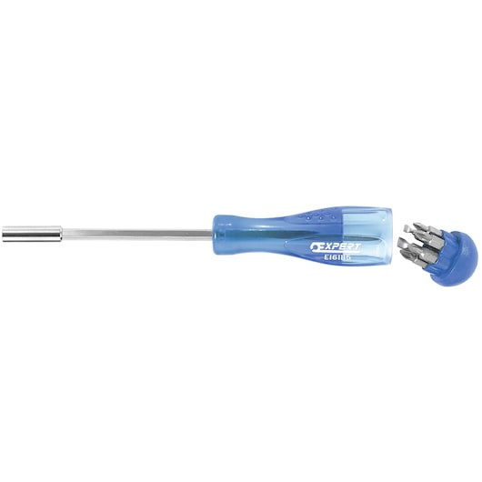 Facom E161115 multi-bit screwdriver with transparent blue handle and removable cap displaying several metal bits, side view.