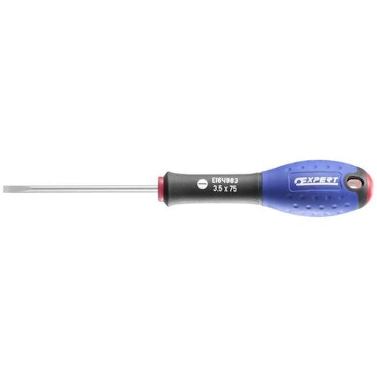Facom E165096 slotted screwdriver with blue and black ergonomic handle, side view on white background.