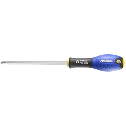 Facom E165209 Phillips screwdriver with blue textured handle, side angle, photography.