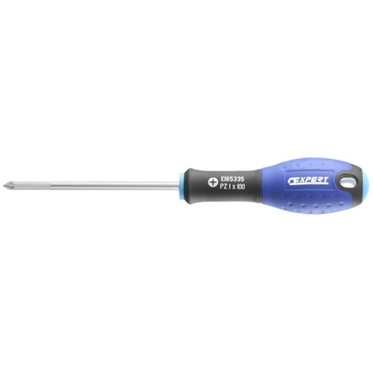 Facom screwdriver E165319 with blue and black ergonomic handle, Pozidriv tip, side view on white background.