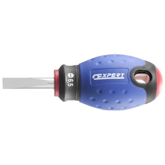Facom E165404 stubby flathead screwdriver with blue textured grip, straight blade, side view, white background.