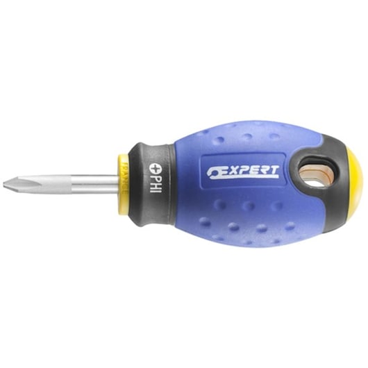 Facom E165406 stubby Phillips screwdriver with blue and yellow ergonomic handle, side view on white background.