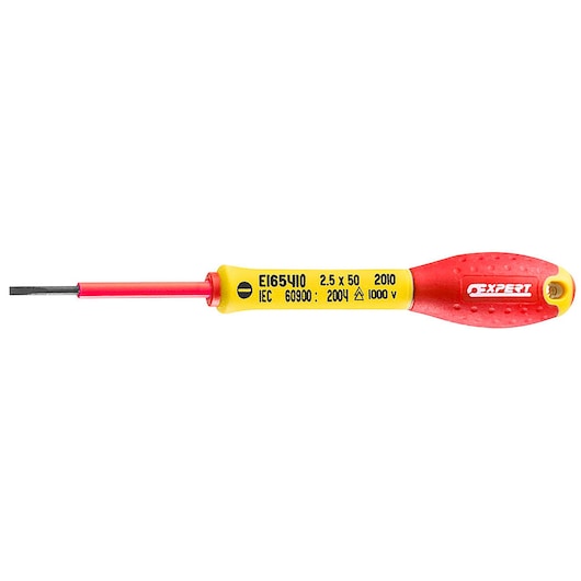 Facom E165410 insulated flathead screwdriver with red and yellow handle, side angle on white background.