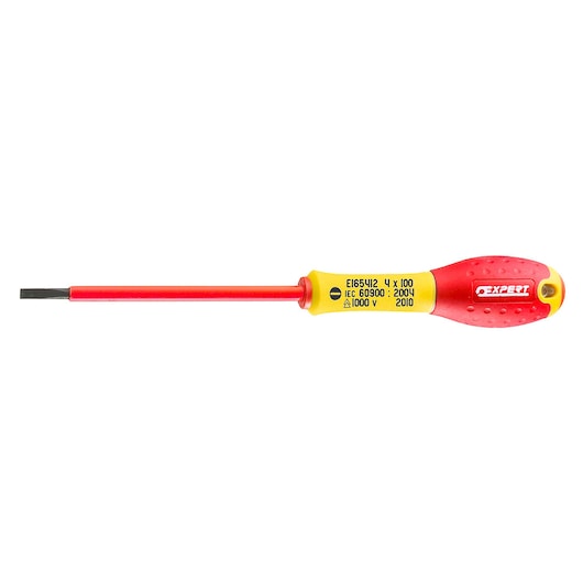 Facom E165412 insulated flathead screwdriver, red and yellow handle, side view on white background.