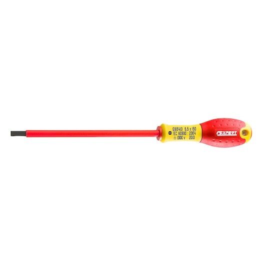 Facom E165413 insulated flathead screwdriver with red and yellow handle, side angle, white background.