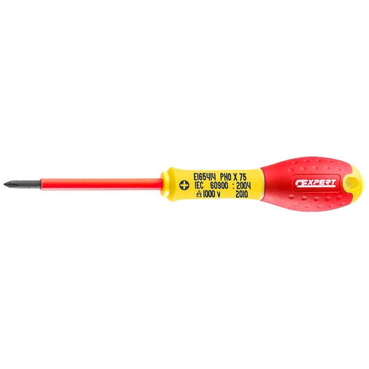 Facom E165414 insulated Phillips screwdriver, red and yellow handle, side view on white background.