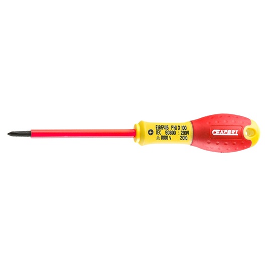 Facom E165415 insulated Phillips screwdriver with red and yellow handle, side view on white background.