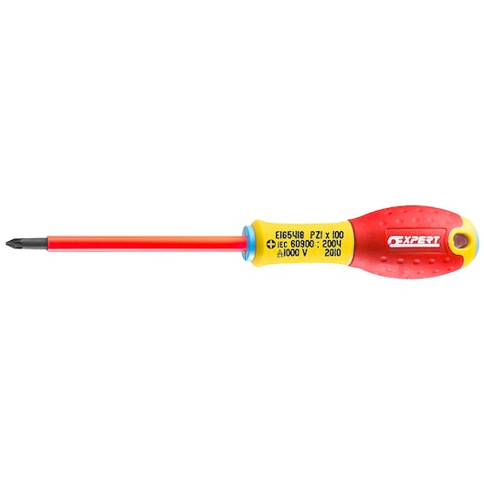 Facom insulated Pozidriv screwdriver E165418 with red and yellow handle, photographed on white background.