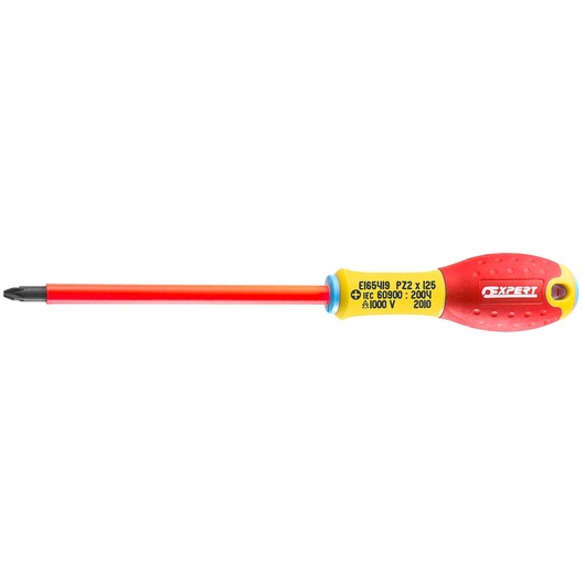 Facom E165419 insulated Pozidriv screwdriver with red and yellow handle, side angle, white background