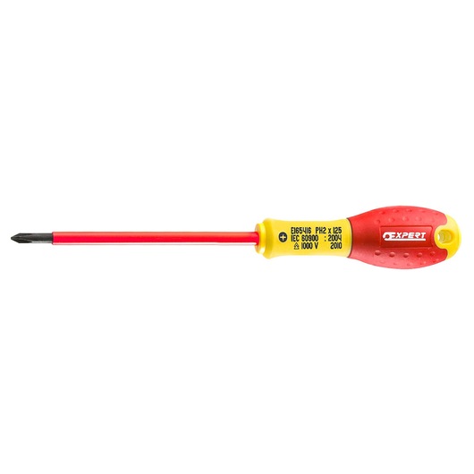 Facom insulated Phillips screwdriver E165421, red and yellow handle, front angle on white background.