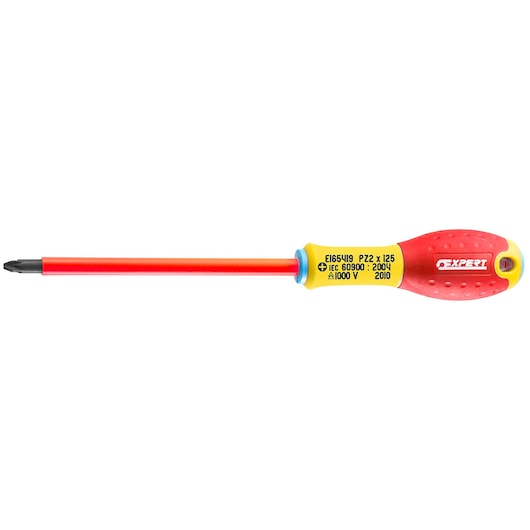Facom insulated Pozidriv screwdriver E165422, red and yellow handle, side angle on white background.