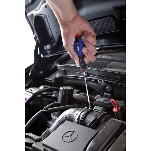 Facom screwdriver E165483 used on engine component, close-up photography showing hand grip.