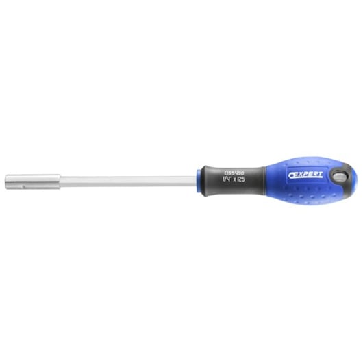 Facom E165490 blue and black nut driver with long metal shaft, photographed on white background.