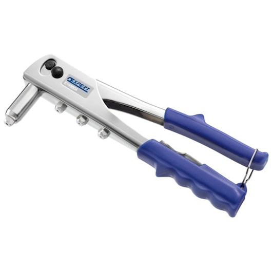Facom E169804 rivet tool with blue ergonomic handles, angled silver body, product photography on white background.