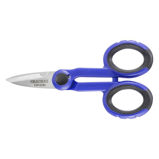 Facom E184280 blue and black scissors with ergonomic handles, side angle on white background.