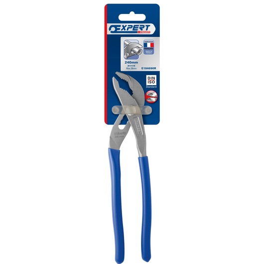 Facom Expert E184690R 240mm adjustable pliers with blue handles, displayed in retail packaging. The packaging highlights DIN ISO standards and a maximum jaw opening of 36mm.