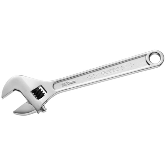 Facom adjustable wrench 250mm, silver finish, side angle, visible thumbwheel, E187368, hand tool.