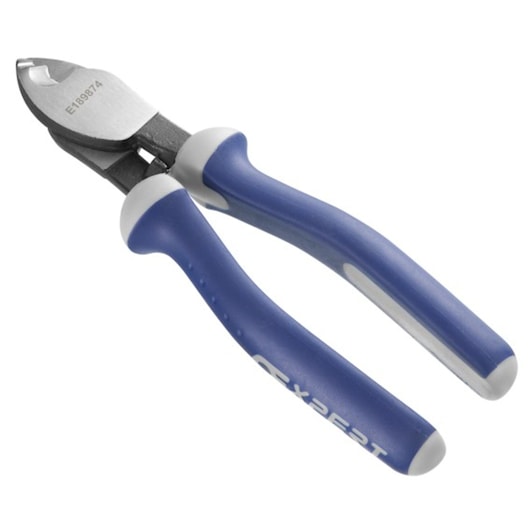 Facom E189874 diagonal cutting pliers with blue and white handles, angled view on white background.
