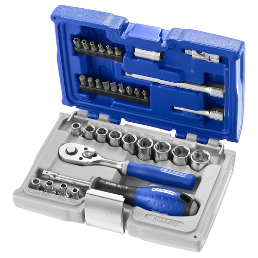 Facom E194672 socket and ratchet set with blue handles in open case, top view, photography product category.