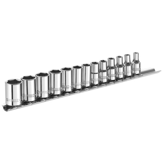 Facom E194675 socket set with 14 chrome sockets on a metal rail, side angle on white background.