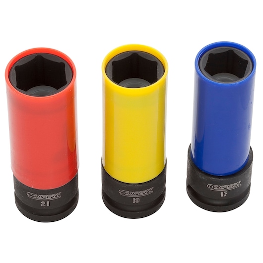 Facom E194676 set of three color-coded impact sockets, red, yellow, and blue, front view on white background.