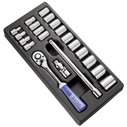 Facom E194677 socket wrench set with chrome sockets, ratchet, and accessories in black tray, angled top view.